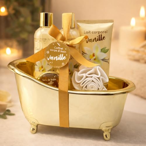 French Tendance - Coffret Bain Vanille - Gel Douche 260ml, Bain Moussant 260ml, Sels de Bain, Fleur de Douche - Cadeau Femme Beauté, Soin Corps - Kit Cocooning Baignoire