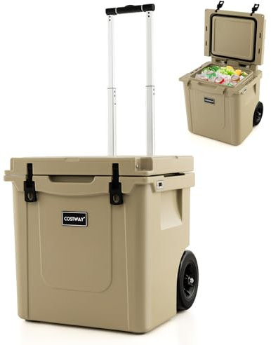 COSTWAY 43L Kühlbox mit Rädern und Alu Teleskopgriff, Handkarre Isolierbox mobil, Kühlwagen 100kg belastbar, Wärmebehälter Thermobox für Camping, Reisen, Strand
