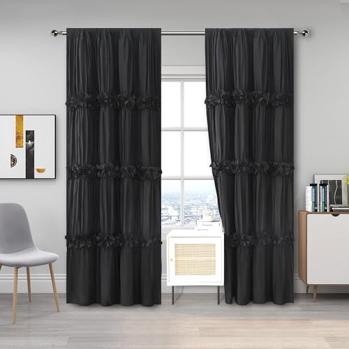 Homechoice Decor Thermal Insulated Blackout Window Curtains, Boho Ruched Window Treatments with 3 Rows of Butterfly Flowers, Rustic Rod Pocket Drapes for Room, 54 W x 84 L, 2 Panels, Black(LQ-30)