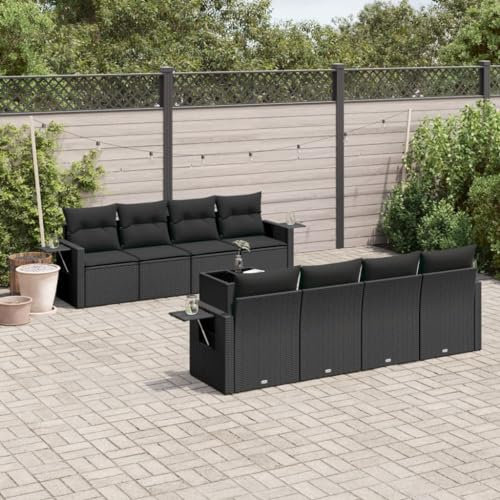 Rantry 9-TLG. Garten Sofagarnitur mit Kissen Gartensofa mit Stauraum Gartenlounge Balkonmöbel Loungesofa Gartenmöbel Rattansofa Ecksofa Sitzgruppe mit Gartentisch Gartenset Schwarz Poly Rattan