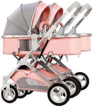 Passeggino doppio per neonati – Passeggino gemellare per neonati e bambini,Passeggino Gemellare Staccabile Side By Side,Carrozzina Leggera con Sedute Reversibili,con tettuccio regolabil(Color:rosa)