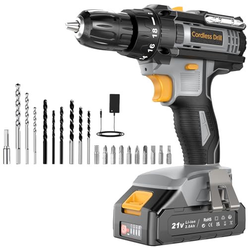 LEEIKOO Cordless Drill, 21V Electric Drill 42N.m with 2.0Ah Battery, Combi Set 10mm Chuck, 2 Speeds, 18+1 Torque, LED Light, 20pcs Drill Set for Garden DIY Project, Grey