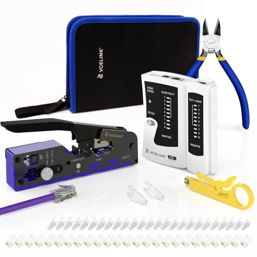 VCELINK Upgraded Pass Through RJ45 Crimp Tool Kit for CAT7/6/5 End | with 25-Pack Cat6 RJ45 Connectors, Strain Relief Boots, Cable Tester, Wire Stripper and Cutter | Stored in Cloth Bag