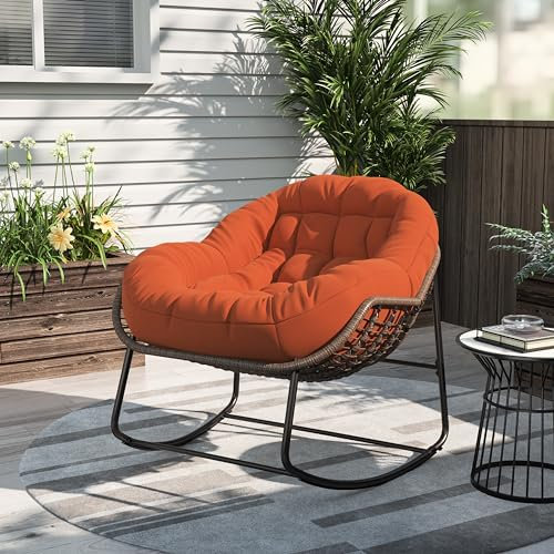 MISNODE - Silla Mecedora para Exterior, Silla Mecedora Papasan De Mimbre con Cojín Acolchado, Silla Reclinable, Marco De Metal, Mecedora De Ratán para Patio (Naranja)