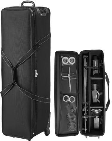 VEVOR Valise à roulettes pour équipement de studio, 131x36,5x38 cm, sac transport pour appareil photo, avec roulettes, sangles, compartiment rembourré, poignée, pour pied éclairage, trépied, télescope