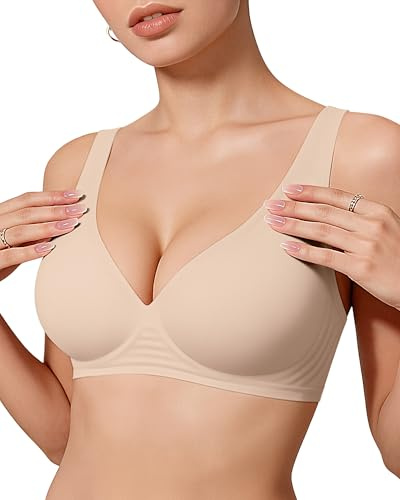 OEAK Womens Deep V Bras Wireless Comfortable Bra Supportive No Underwire Bras Tshirt Push Up Bralettes Plunge Seamless Bra Skin Color M