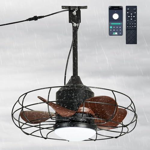 LED Deckenventilator mit Beleuchtung und Fernbedienung IP65 Wasserdicht Outdoor Ventilator Deckenlampe Dimmbar Retro Ventilator Lampe Leise 6 Geschwindigkeiten Lüfter Licht für Schlafzimmer Wohnzimmer