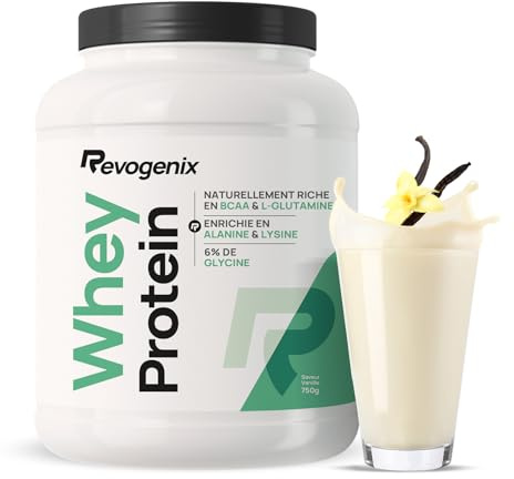 Whey Protein | 25g de Protéines par Shaker | Riche en BCAA et Glutamine | Enrichie en Glycine | Musculation Rapide & Sèche | Récupération | Peu Calorique | 750g | Onctueuse Goût Vanille | Revogenix