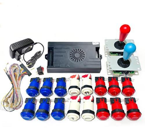Pandora Saga DX Kit d'arcade 9800 en 1 version spéciale jusqu'à 4 joueurs Compatible jeux 3D Boutons Harnais Câble (Rouge Bleu)