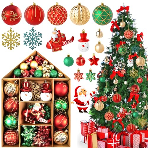 AMCHLEL Palline di Natale 70pz Palline Natalizie Decorazioni Albero di Natale Palla Palline decorative Rosso e Verde, Diverse Forme Plastica decorazioni per albero di Natale Addobbi Feste Nozze