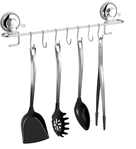 Poywaze Suction Kitchen Utensil Hooks, SUS 304 Stainless Steel Utensil Holder Never Rusts, Tools Rack with 7 Hooks for Bathroom and Kitchen Storage