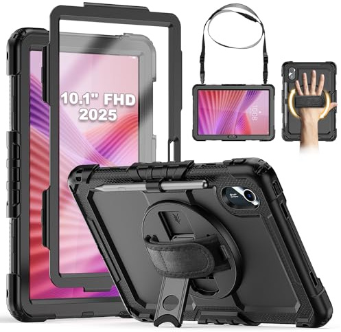 SEYMCY for Lenovo Tab 10.1 Inch Case 2025 (TB-311FU / TB-311XU) | Full-body Shockproof with Screen Protector, 360° Rotating Stand & Hand Strap, Shoulder Strap, Pen Holder, Black