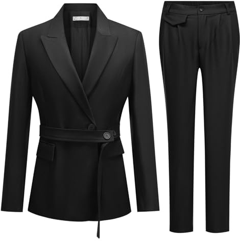 YYNUDA 2-Piece Set Outfit Women's Slim-Fit Single Button Suit Set (with Waist Belt) Office Elegant Trouser Suit Business with Pockets Solid Color Casual Black XL