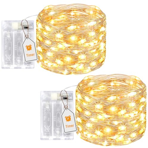 btfarm 2 Stück Lichterkette Batterie mit Timer, 5M 50LED Lichterkette Innen | Silberdraht, Mirco Draht, Batteriebetrieben, für Party Schlafzimmer Weihnachten Tisch Hochzeit Halloween Deko, Warmweiß