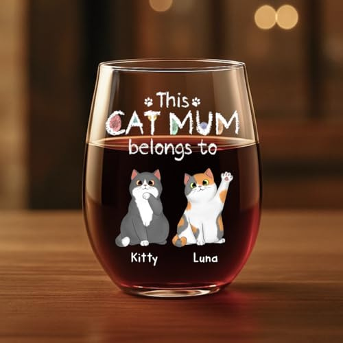 Personal Chic Custom Wine Glass – This Cat Dad Belongs to – Gifts for Cat Lovers, Stemless Wine Glasses, Best dad Gifts, Mum Wine Glass, Gin Glass (2 Cats)