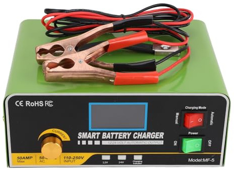 Eujgoov 50A 12V/24V Cargador de Batería de Coche con Modo Boost Mantenedor Completamente Automático para Automóviles Camiones RVs Desulfator Acero Inoxidable Más del 99% Compatible con (Enchufe de