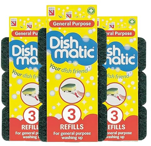 Dish Matic Refill Sponges 9 Pack - Heavy Duty Green Refill Sponges Cleaning Scourer General-Purpose Washing-Up Sponge Refill Head for Kitchen Sink and Bathroom