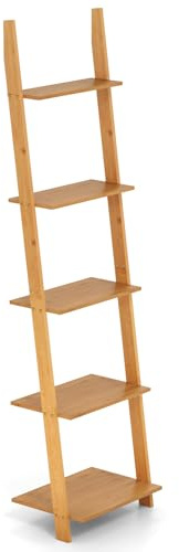 FANTASK Bambus Leiterregal mit 5 Ablagen, schmales Standregal platzsparend, Bücherregal hoch für Wohnzimmer, Büro, Schlafzimmer, 43 x 35 x 165 cm