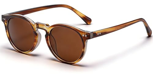 CIKJUK Polarisiert Rund Sonnenbrille Herren Damen - Retro Klassisch Runde Vintage Kleines Schmal Brille mit UV400 schutz - Tee/Braun