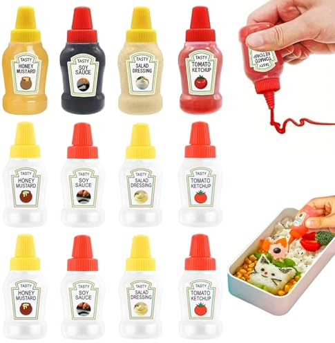 Odoukey 12 kleine Gewürz-Quetschflaschen, 1, 2 x 3 leere Mini-Ketchup-Flaschen, Kunststoff-Salatdressing-Behälter mit Verschlussdeckel für Sojasauce, Honig, Salatdressing, Picknick, Camping