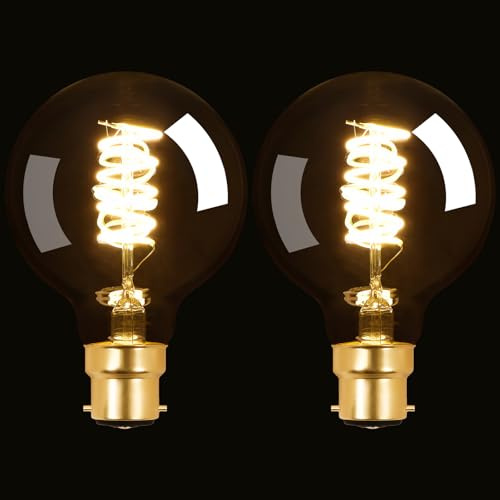 Terafeels 2 Pack B22 Vintage LED Light Bulbs, G80, 4W, 2700K Warm White, Antique Style Retro Clear Glass,Spiral Filament, Bayonet Light Bulb