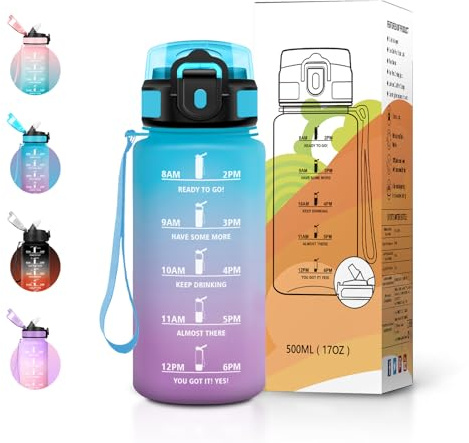 JAPORIA Trinkflasche Sport 500ml, BPA-frei mit Strohhalm & Zeitmarkierung, Trinkflasche Auslaufsicher, Kohlensäure Geeignet, Sportflasche für Gym, Camping, Wandern, Fahrrad und Yoga