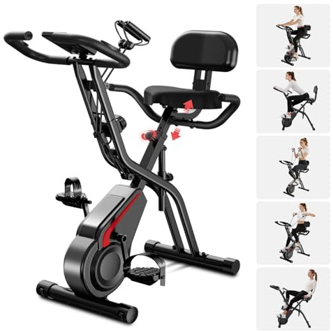 LONTEK Ergometer Hometrainer Fahrrad, 5-in-1 Heimtrainer Fahrrad Klappbar Indoor Bike, 16-Stufen Magnet-Widerstand, Cardio mit Pulsmessung & LED Display, Weicher Sitz