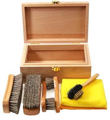 Cathcart Elliot Beech Wood Shoe Valet Box Shoe Care Kit with Horsehair Brushes, No Polish