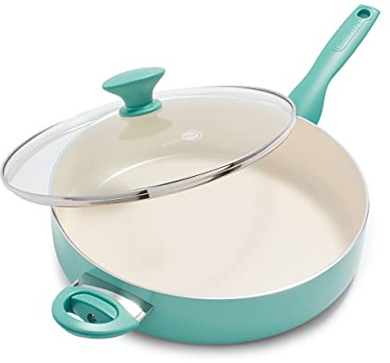 GreenPan Rio Healthy Ceramic Non-Stick 30cm/4.8 Litre Sauté Pan with Lid, PFAS Free, Stay-Cool Handle, Oven Safe up to 160°C, Turquoise & Cream