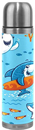 Karikatur Blau Hai Fisch Wasserflasche Wasserkanne Edelstahl Isolierte Isolierflasche Auslaufsicher Leder Verpackung(500 ml)