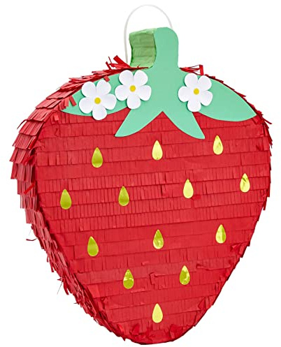 Sparkle and Bash Strawberry Pinata - 16.5 x 13 x 3 in, Pack of 1 for Fruit-Themed Party Decoration & Strawberry Decor - Easy-Fill Design & Party Toy - Floral Accents & Berry Pinata