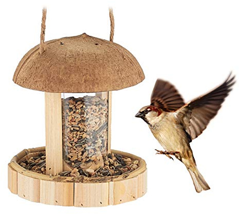 Relaxdays Bird Feeder, Feeding Station, Hanging, H x W x D: 17 x 14.5 x 14.5 cm, Wood, Plastic, Natural