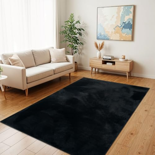 TT Home Wohnzimmer Teppich Hochflor Langflor Kunstfell Weich Modern Unifarben Flauschig, Farbe: Schwarz, Größe:120x170 cm