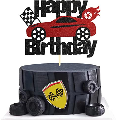 Siipoo Glitter Car Birthday Cake Topper, Black Red Glitter Race Car Cake Topper Race Car Themed Party Supplies Decorations
