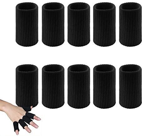 10 PCS Finger Sleeves, Thumb Splint Brace Elastic Finger Support Brace Protector Tape Breathable for Pain Relief Arthritis Trigger Basketball Baseball Compression Protector, Black