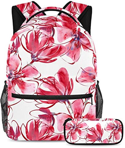 VAPOKF Watercolor Red Big Floral Paint School Bag Set for Teen Girls Boys Kids, Student Bookbag Backpack Rucksack with Pencil Case for Primary Secondary Junior