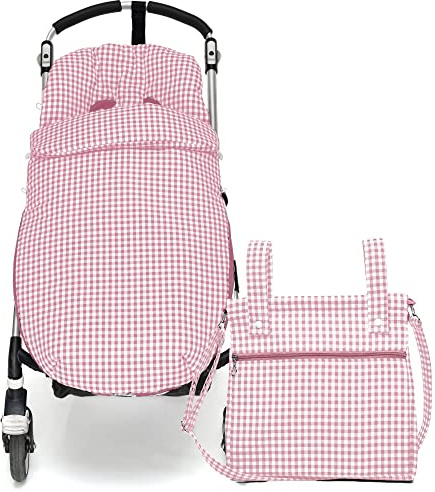 Set Universal Fußsack für Kinderwagen + Universal Kinderwagentaschen - Set Universal Fußsack für Buggy + Kinderwagen Organizer - Geruit Gepuderte Rosa - Handmade - Nenel