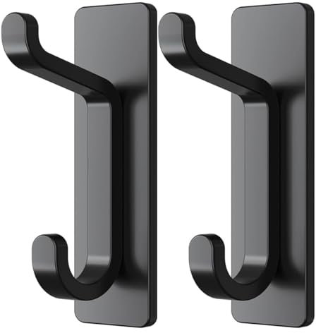 pickpiff Black Self Adhesive Hooks, Sticky Hooks Extra Sturdy, Hanging up to 6KG, Metal Stainless Heavy Duty Stick on Wall Door, for Towel Coat Hat Purse in Bathroom Shower Kitchen, 2 Pack