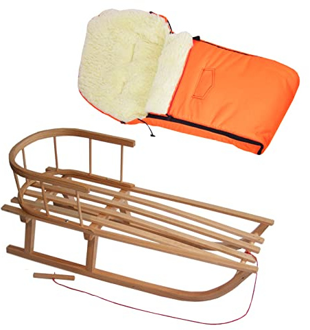 Kombi-erbjudande träsläde med ryggstöd och dragrep universell vinteråkpåse (90 cm), även lämplig för babystol, barnvagn, buggy, lammull uni (orange + släde)