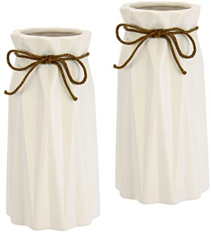 Vase mit Riffelungen und Schleife aus Keramik Dekovase Einzelblumen Trockenblumen Zylindervase weiß matt geriffelt Blumenvase Modern Vasen für Tischdeko Tischvase Dekoration Trockenblume Pampasgras