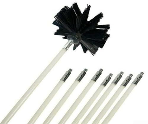 Chimney Cleaner Kit, Drill Powered Sweeping Brush, 4 Brush Head + 8Pcs Reinforced Nylon Flexible Rods, Duct Vent Cleaning Set, Sweep Tool for Flue/Fireplace/Sewage Pipe/Fume Hood