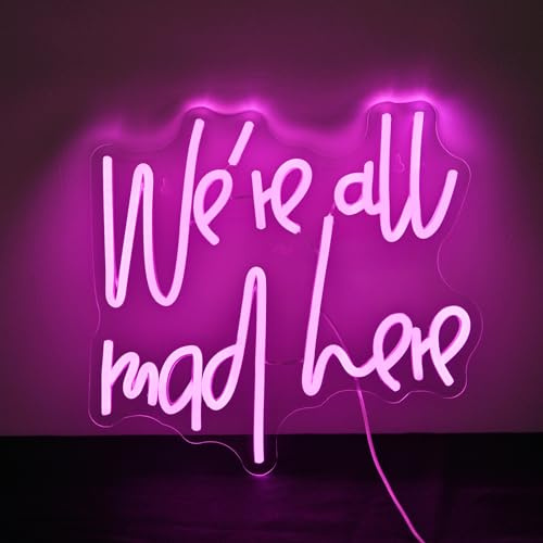 SIGNSHIP Neonschild We’re all Mad Here, dimmbare Neonschilder für die Wand, LED-Rosa-Buchstaben-Neonlichter, Schild für Zuhause, Bar, Männerhöhle, Bier, Café, Bistro, Club, Partydekoration