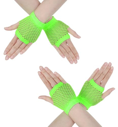 Mabor 2 Paar Grüne Netzhandschuhe Kurze Elastische Neon Party Fingerlose Handschuhe Neon Grün 80er 90er Jahre Accessoires Cosplay und Damenkostüm Accessoires 80er 90er Jahre Outfit Damen