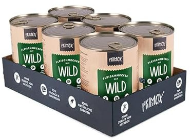 PRIMOX® Fleischmecker Hunde-Nassfutter | Getreidefrei | 70% Fleisch & Innereien | Made in Germany & 100% Natürlich | Omega-3 für Haut & Fell | Gluten- & Laktosefrei (Wild, 6x400 g)