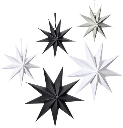Elepl 5 Pezzi Stelle di Natale Decorazioni Natalizie 3 x 30 cm + 2 x 60 cm Pieghevoli Stelle Pendenti di Natale 3d Stelle Natale Carta per Compleanni Matrimoni Feste Decorazione (Nero/Bianco/Grigio)