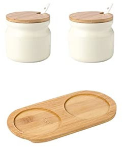 ABBNIA Tarro de Especias, Tarro de cerámica para condimentos con Tapa de Madera, salero, Suministros de Cocina, Tarro de condimento Blanco, Juego de cucharas, Caja de
