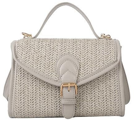 JOERBABU Tasche für Damen, kleine Tasche, Strohtasche, Klappe, Handtaschen für Damen, Mädchen, Damen, Schultertasche, Umhängetasche, weiß, braid