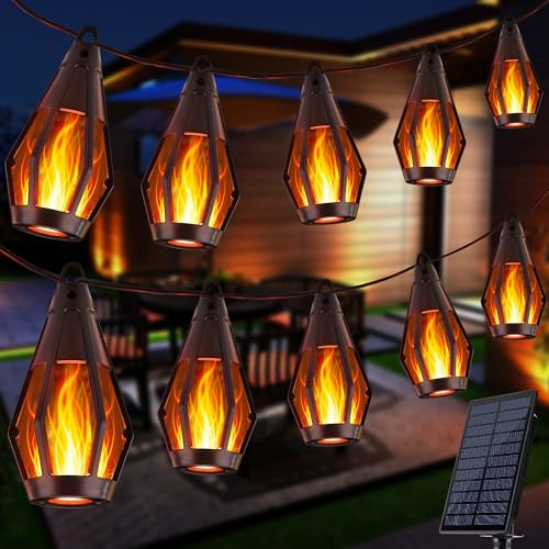 12.6M Solar Flammen Lichterkette Aussen mit 15 Glühbirnen - LED Solar-Lichterkette Orange mit Flammeneffekt, Wetterfest Flammenlicht Außen für Garten Terrasse Balkon, Partys Dekoration