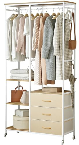 Mintnook Kraftig klädstång, klädställ, öppen garderob med lådor, fristående garderob med krokar, hängande stång, förvaringshylla, beige