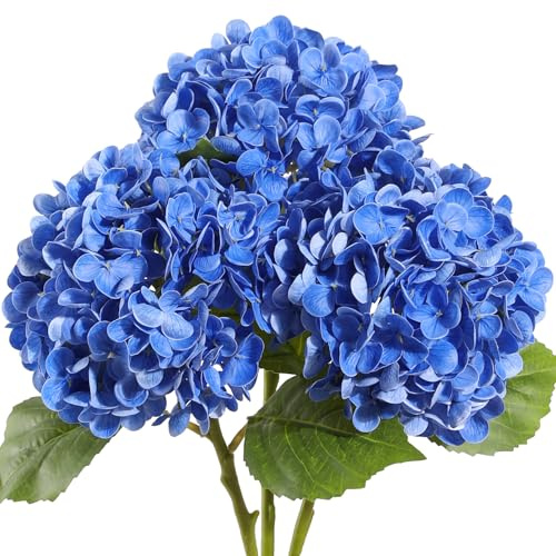 Kisflower 3 flores de hortensias de látex – Real Touch artificial, ramo de hortensias falsas, ramo de flores con tallos para bodas, fiestas, oficina, casa, decoración (azul oscuro)